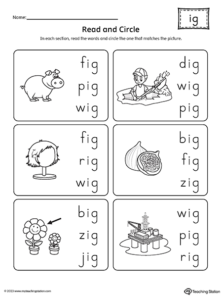 IG Word Family Match Picture to Words Worksheet