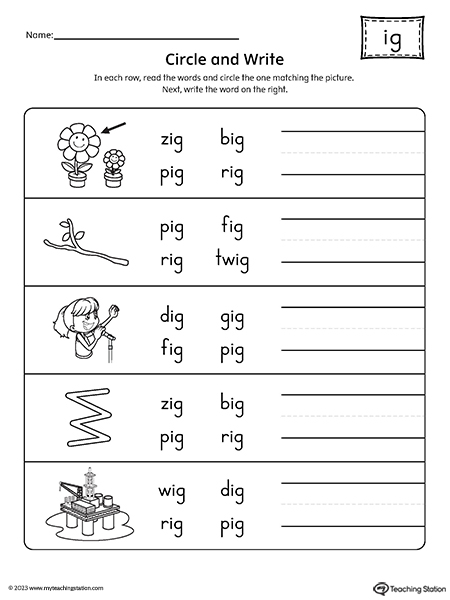 IG Word Family Match Word to Picture Worksheet