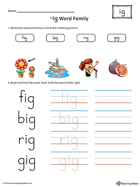 IG Word Family Match and Spell Words Printable PDF