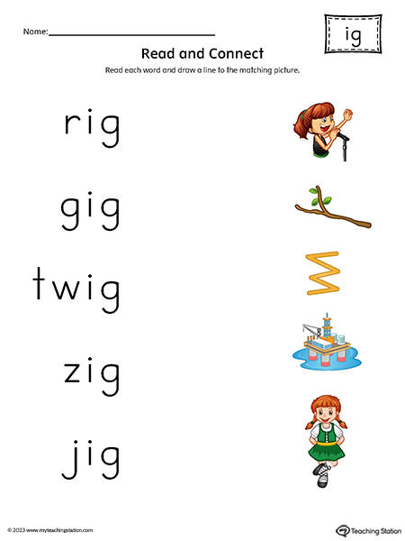 IG Word Family Read and Match Words to Pictures Printable PDF
