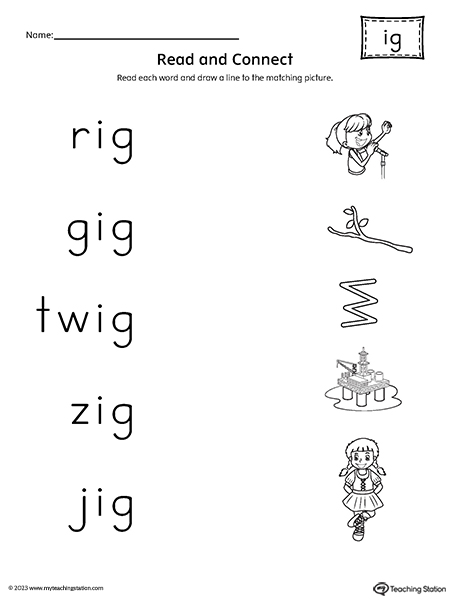 IG Word Family Read and Match Words to Pictures Worksheet