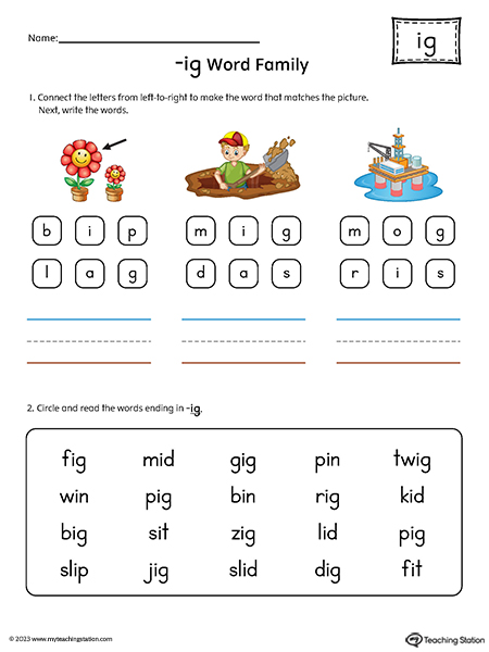 IG Word Family Read and Spell Simple Words Printable PDF