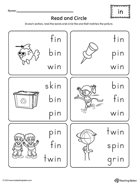 IN Word Family Match Picture to Words Worksheet