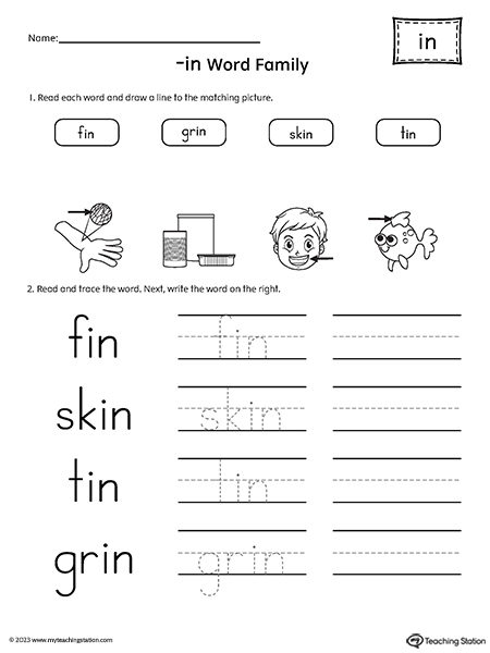 IN Word Family Match and Spell Words Worksheet