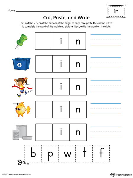 IN Word Family Picture Match Cut-and-Paste Printable PDF