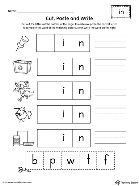 IN Word Family Picture Match Cut-and-Paste Worksheet