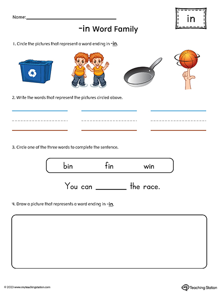 IN Word Family Picture and Word Match Printable PDF