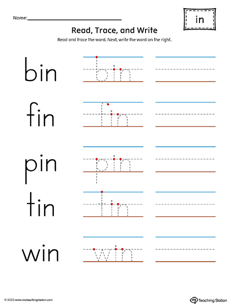 IN Word Family - Read, Trace, and Spell Printable PDF