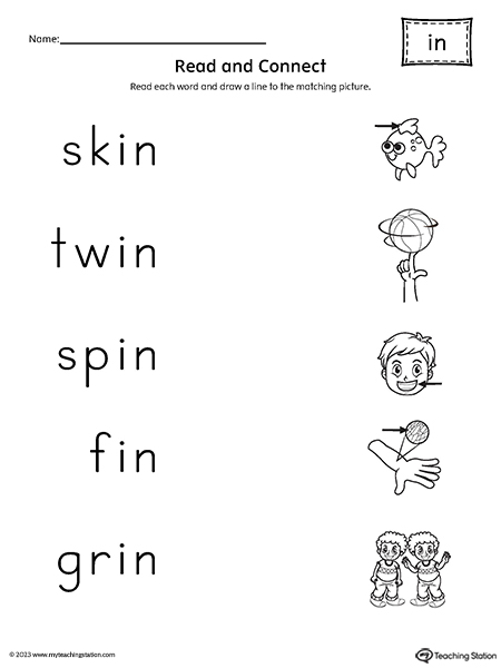 IN Word Family Read and Match Words to Pictures Worksheet