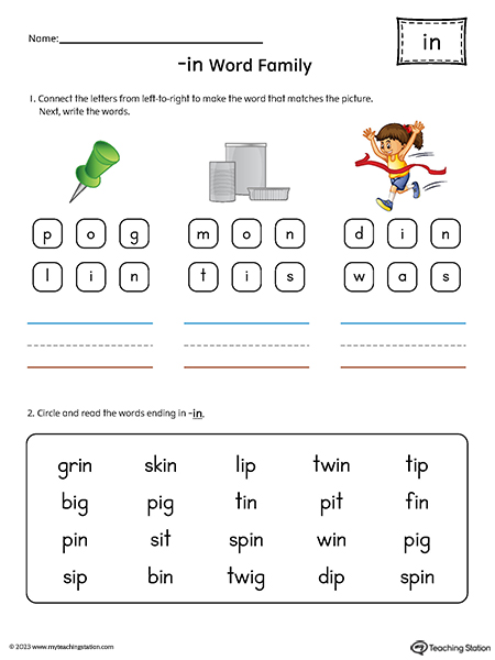 IN Word Family Read and Spell Simple Words Printable PDF