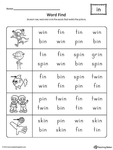 IN Word Family Word Find Worksheet