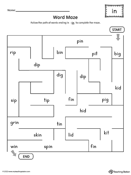 IN Word Family Word Maze Worksheet