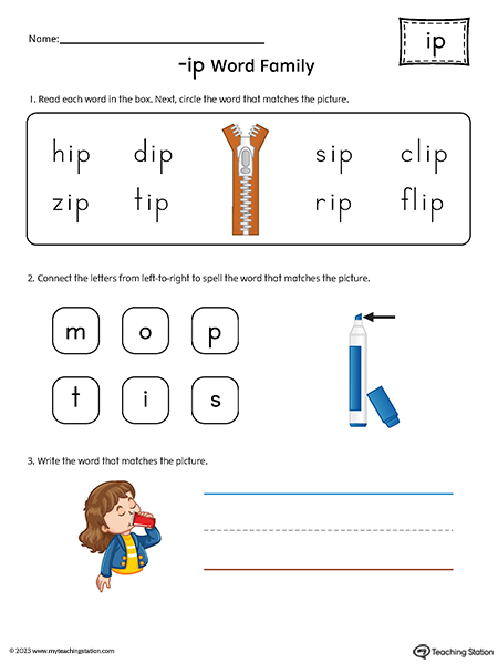 IP Word Family Match and Spell Printable PDF