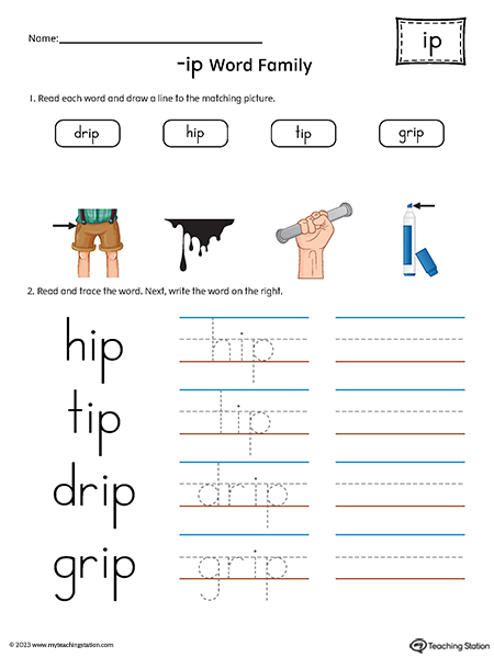 IP Word Family Match and Spell Words Printable PDF