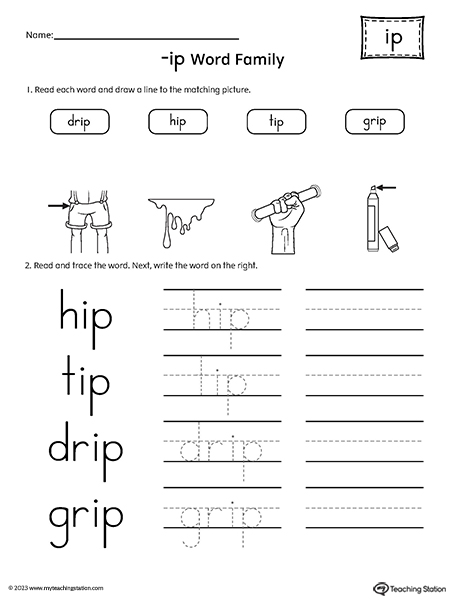 IP Word Family Match and Spell Words Worksheet