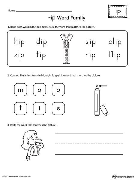 IP Word Family Match and Spell Worksheet