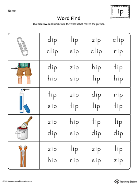 IP Word Family Word Find Printable PDF