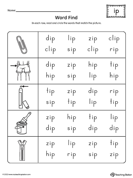 IP Word Family Word Find Worksheet