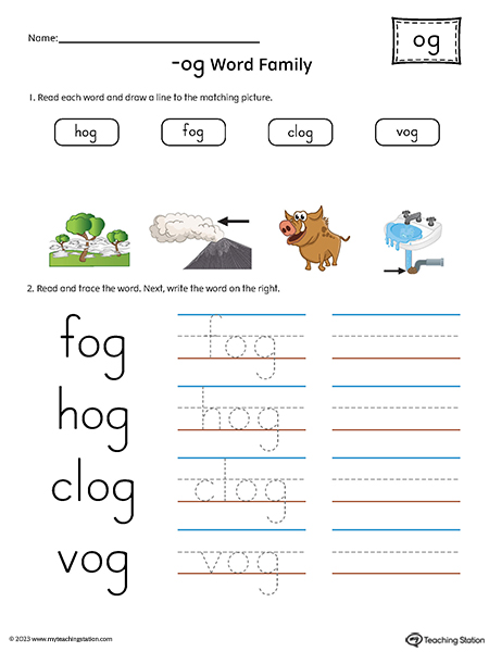 OG Word Family Match Pictures and Write Simple Words Printable PDF