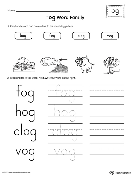 OG Word Family Match Pictures and Write Simple Words Worksheet