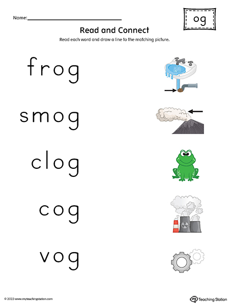 OG Word Family Read and Match Words to Pictures Printable PDF
