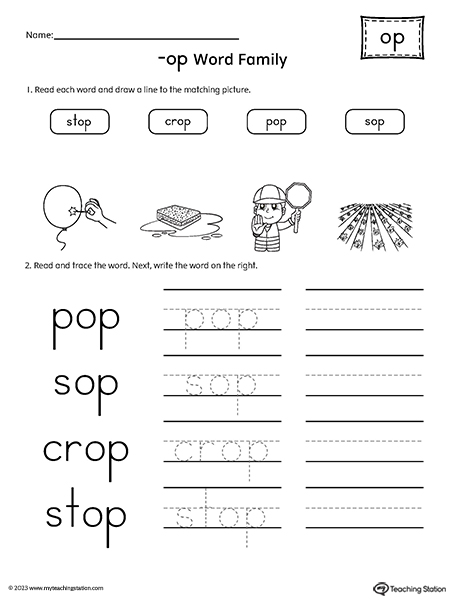 OP Word Family Match Pictures and Write Simple Words Worksheet