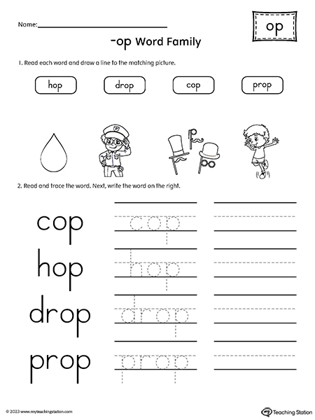 OP Word Family Match and Spell Words Worksheet