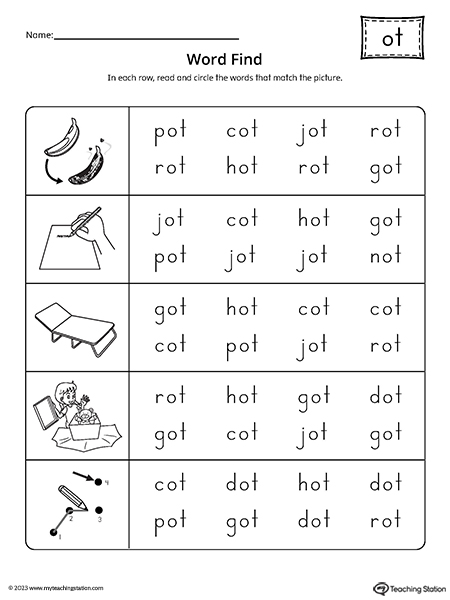 OT Word Family CVC Word Find Worksheet