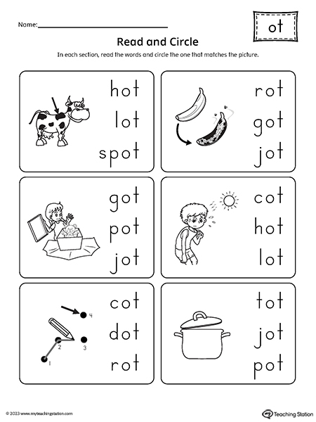 OT Word Family Match Picture to Words Worksheet