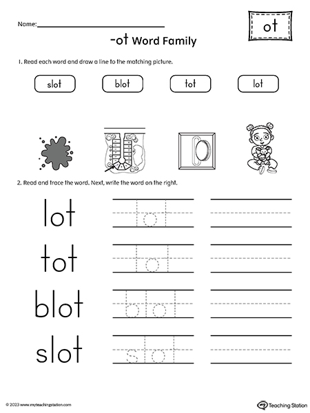 OT Word Family Match Pictures and Write Simple Words Worksheet