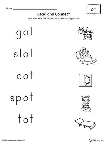 OT Word Family Read and Match Words to Pictures Worksheet