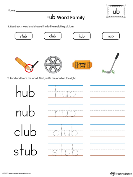 UB Word Family Match Pictures and Write Simple Words Printable PDF