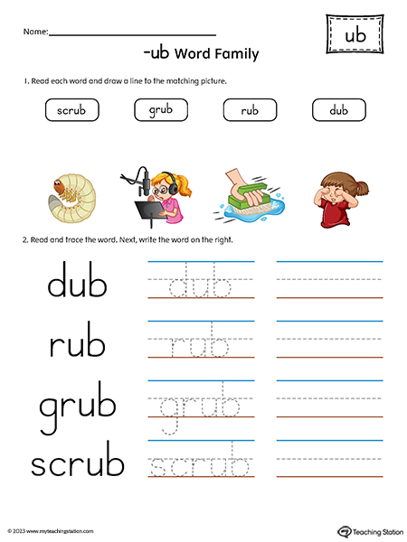UB Word Family Match and Spell Words Printable PDF