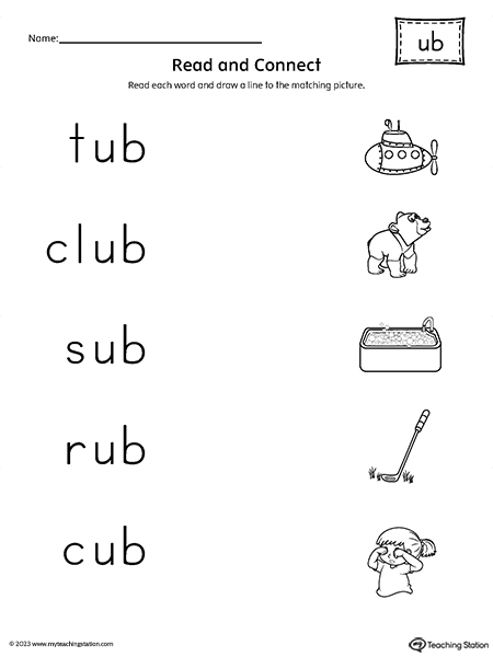 UB Word Family Read and Connect to Image Worksheet