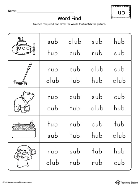 UB Word Family Word Find Worksheet