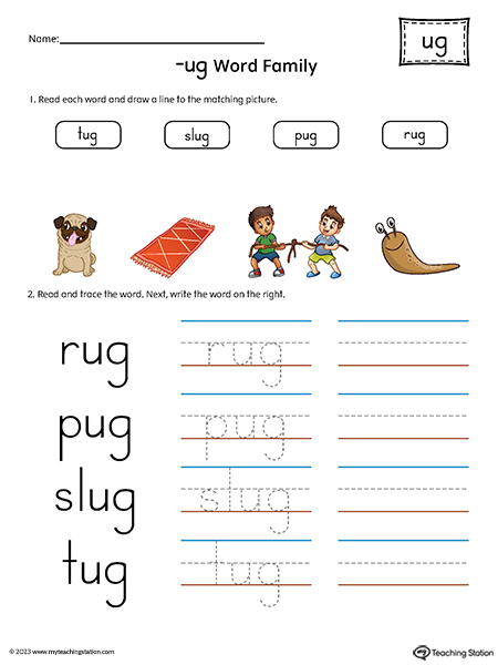UG Word Family Match Pictures and Write Simple Words Printable PDF