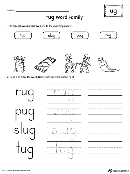 UG Word Family Match Pictures and Write Simple Words Worksheet
