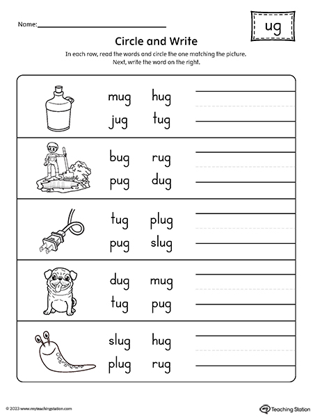 UG Word Family Match Word to Picture Worksheet