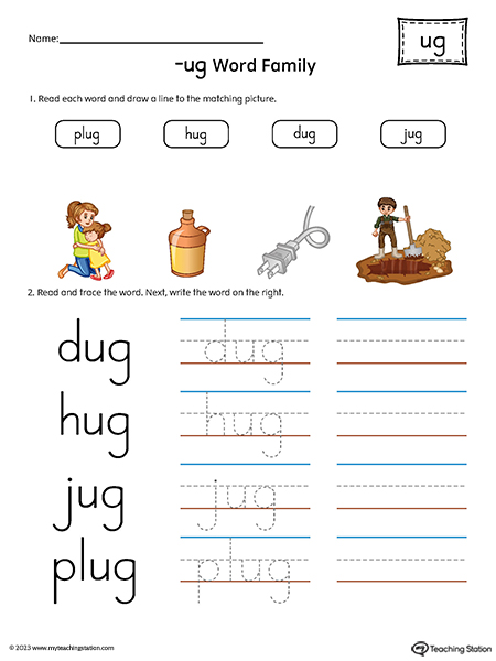 UG Word Family Match and Spell Words Printable PDF