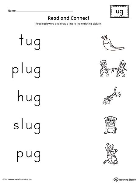 UG Word Family Read and Match Words to Pictures Worksheet