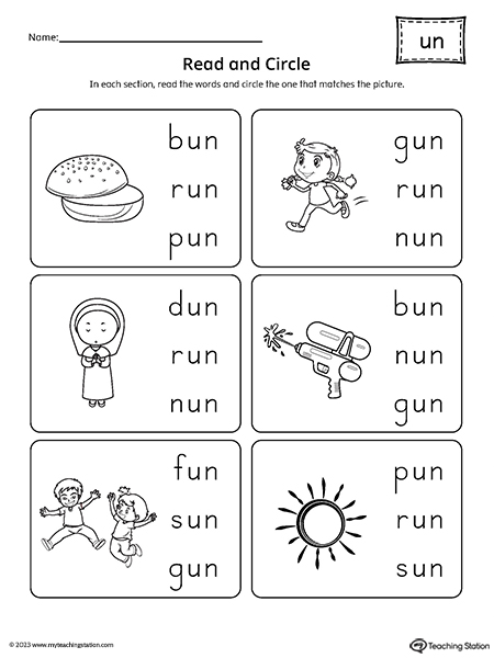 UN Word Family Match Picture to Words Worksheet