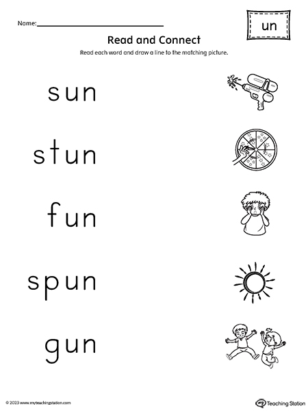 UN Word Family Read and Match Words to Pictures Worksheet