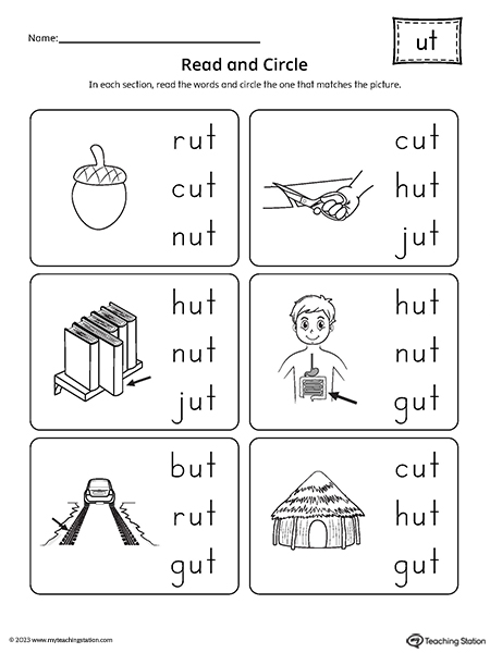 UT Word Family Match Picture to Words Worksheet