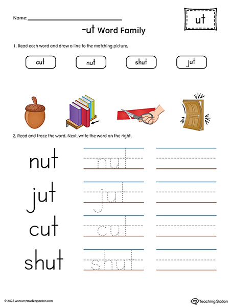 UT Word Family Match Pictures and Write Simple Words Printable PDF