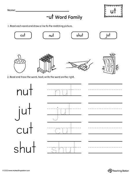 UT Word Family Match Pictures and Write Simple Words Worksheet