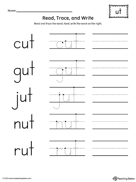 UT Word Family - Read, Trace, and Spell Worksheet