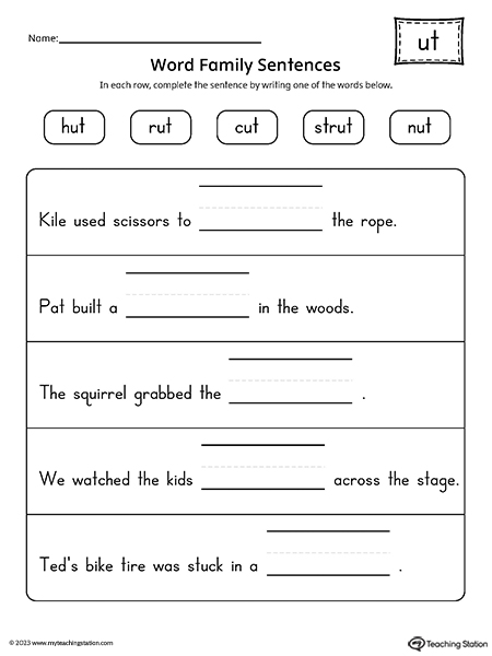 UT Word Family Sentences Worksheet