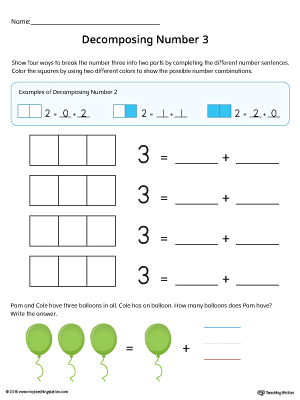 Decompose the number 3 into two parts with this printable worksheet.