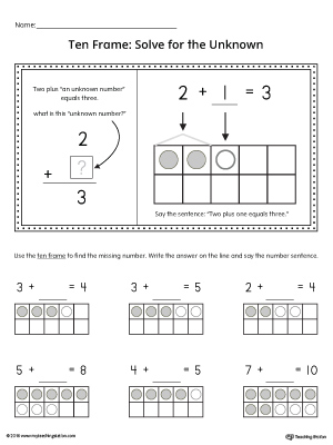 Ten Frame: Solve for the Unknown Printable Worksheet