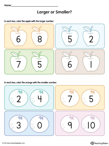 Comparing numbers 1-10 and identifying which one is smaller and which one is larger in this printable worksheet. Available in color.
